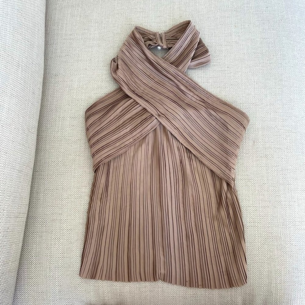 Claude Pleated Ona Top Brown Halter Size XS